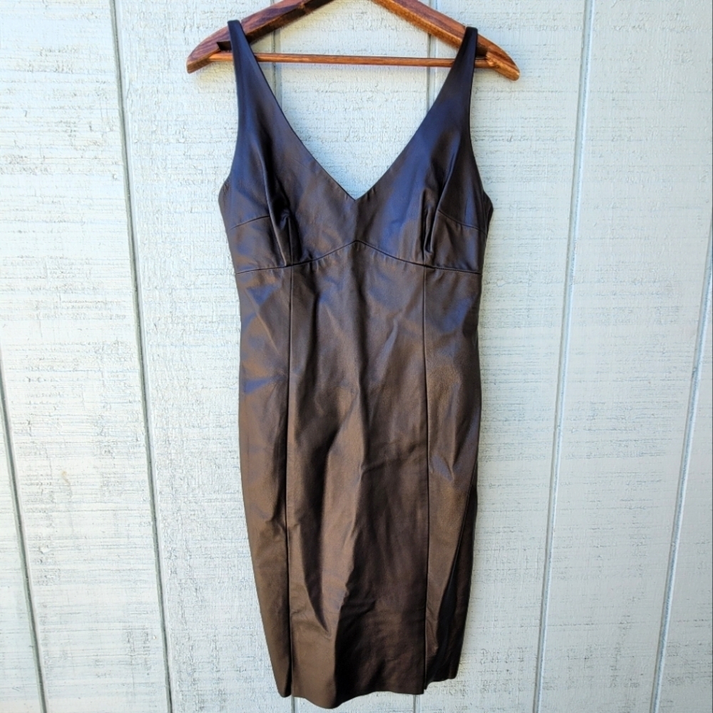 90s Ticci Tonetto Genuine Leather Mini Dress V-neck Black Medium LBD
